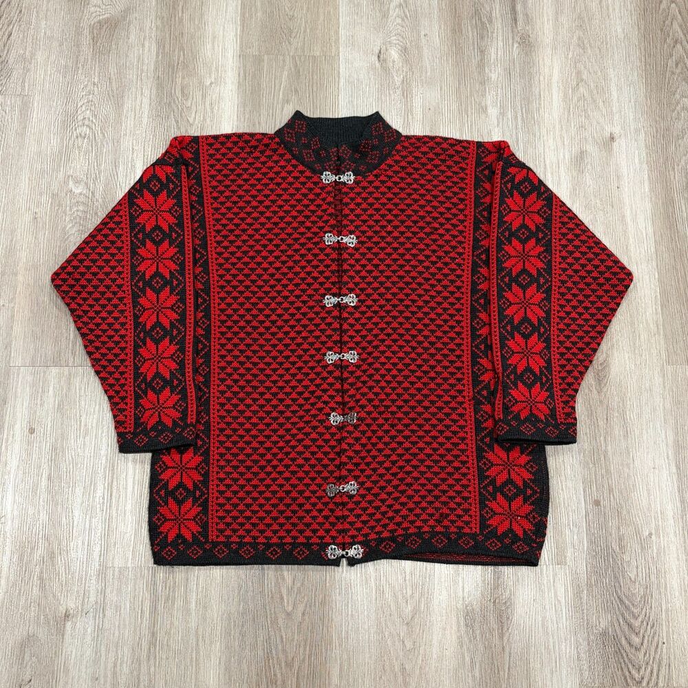 Vintage 80s Norsk Wear Nordic Wool Sweater Unisex XL Ski Clasp Fair Isle Red